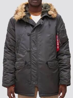 Alpha Industries Men's Charcoal Parka with Faux Fur Hood